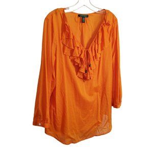 LRL Ralph Lauren Size XL Pullover Cotton V-neck Ruffle Bead Tie Puff Sleeve